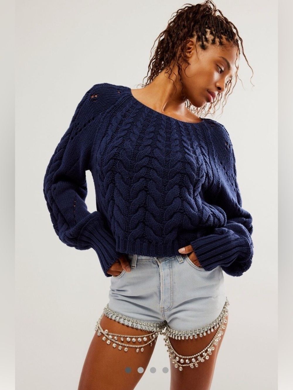 Free People Navy Pointelle and Cable Knit Sweater with Blouson Sleeves - Picture 1 of 13